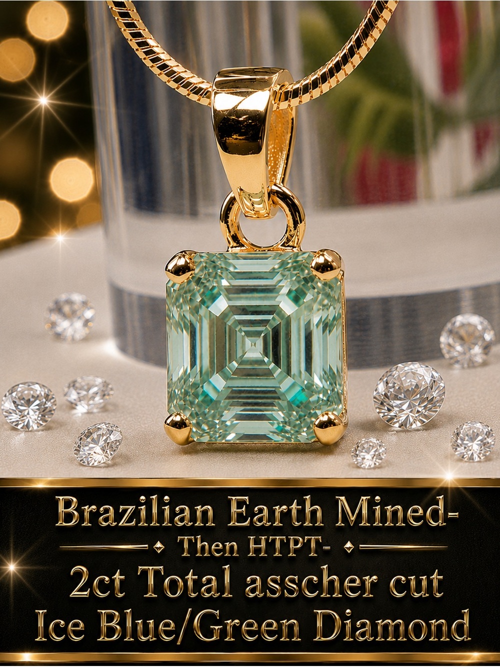 Certified Ice Blue / Green Diamond 2ct Asscher 14k yellow gold on silver- chain